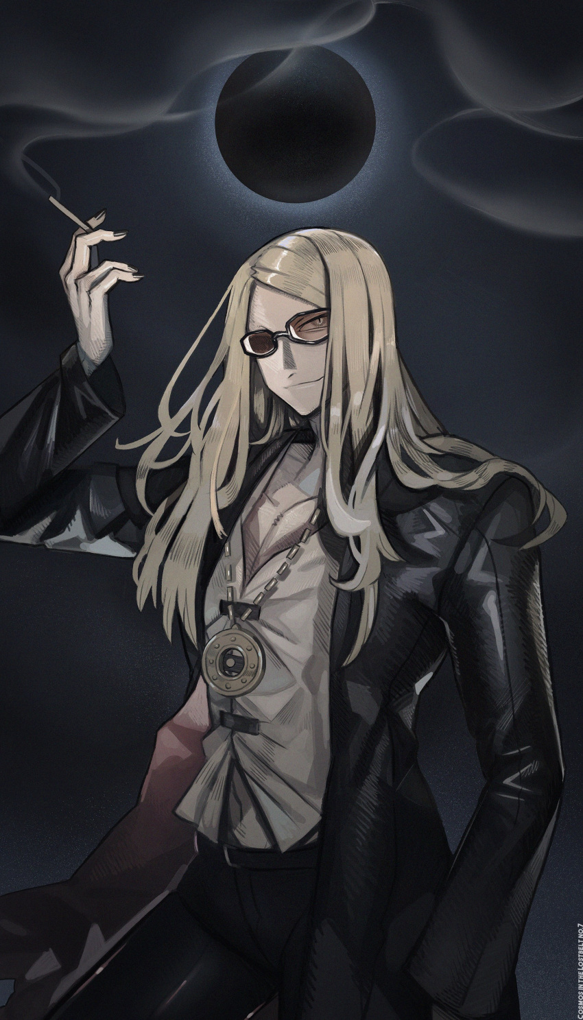 1boy absurdres bebe_(todoroki) black_background black_jacket black_pants blonde_hair cigarette eclipse fate/grand_order fate_(series) glasses highres jacket jewelry long_hair male_focus necklace open_clothes open_jacket pants shirt slit_pupils smile smoke solo tezcatlipoca_(fate) trench_coat white_shirt