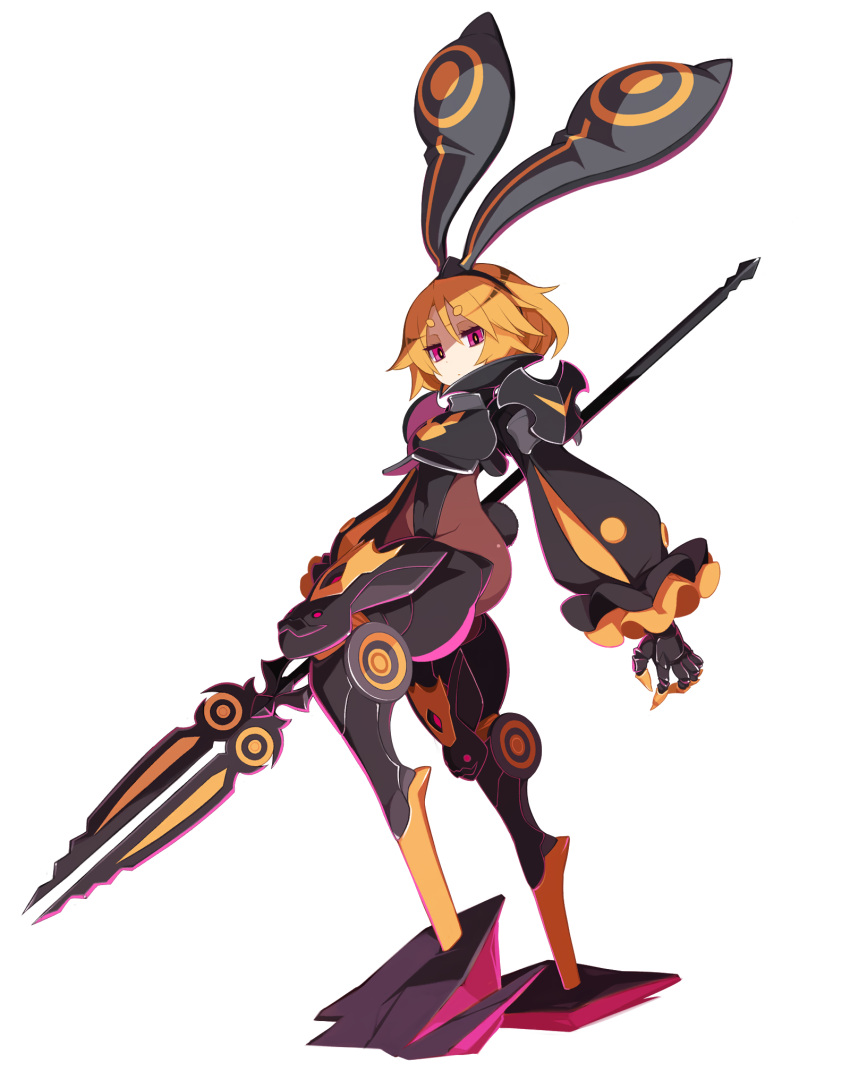1girl animal_ears armored_boots boots disgaea disgaea_rpg full_body highres holding holding_polearm holding_weapon long_sleeves non-web_source official_art orange_hair photoshop_(medium) pink_eyes polearm rabbit_ears rabbit_tail short_hair solo standing tail transparent_background usalia_(disgaea) weapon
