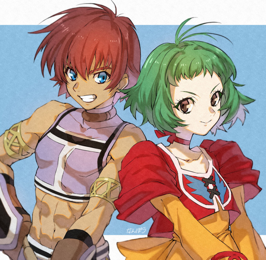 1boy 1girl blue_eyes brown_eyes choker closed_mouth dress farah_oersted gloves green_hair highres looking_at_viewer nanpou_(nanpou0021) navel red_choker redhead reid_hershel short_hair simple_background smile tales_of_(series) tales_of_eternia very_short_hair