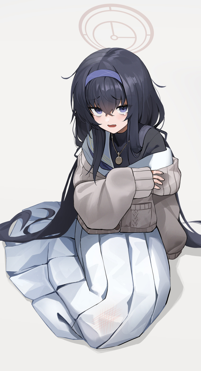 1girl :o black_eyes black_hair blue_archive commentary_request eyes_visible_through_hair hair_between_eyes hairband halo highres hutosutoro jewelry long_hair long_skirt long_sleeves looking_at_viewer low_twintails necklace pendant pleated_skirt pocket ribbed_sweater school_uniform serafuku sidelocks simple_background sitting skirt solo sweater tearing_up turtleneck turtleneck_sweater twintails ui_(blue_archive) wariza white_background
