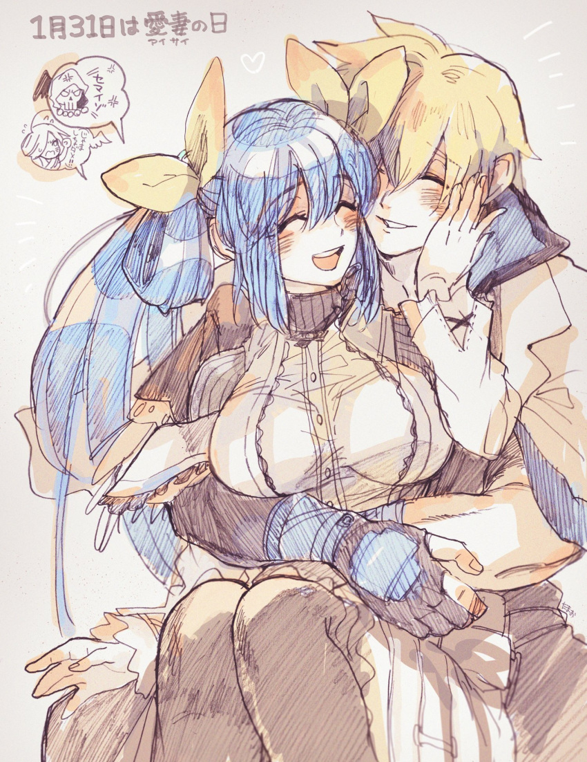 1_ssmk 1boy 1girl black_gloves blonde_hair blue_hair blush breasts closed_eyes couple dizzy_(guilty_gear) gloves guilty_gear guilty_gear_strive guilty_gear_xrd hair_between_eyes hair_ribbon hair_rings hand_on_another's_face heart hetero highres hug hug_from_behind husband_and_wife ky_kiske large_breasts long_hair necro_(guilty_gear) open_mouth partially_fingerless_gloves ribbon short_hair simple_background smile speech_bubble spoken_heart traditional_media undine_(guilty_gear) yellow_ribbon
