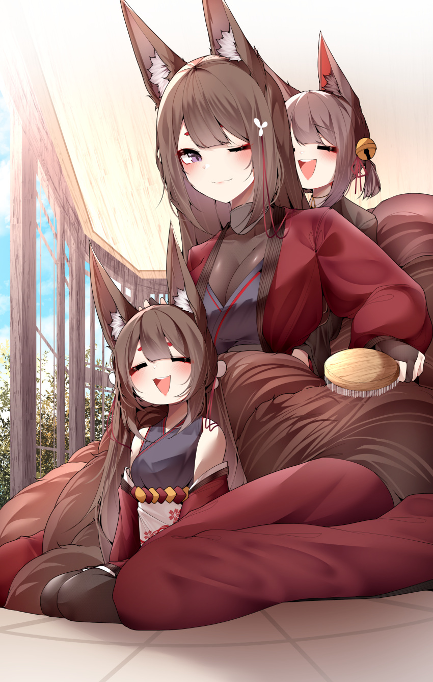 3girls =_= absurdres akagi-chan_(azur_lane) amagi-chan_(azur_lane) amagi_(azur_lane) animal_ear_fluff animal_ears azur_lane bell breasts brown_tail choker closed_eyes closed_mouth commentary dual_persona floor fox_ears hair_brush hair_ornament hand_on_another's_head highres holding indoors japanese_clothes kimono kyuubi large_breasts long_hair multiple_girls multiple_tails on_floor one_eye_closed open_mouth purple_shirt red_kimono samip shirt short_hair sitting sitting_between_lap tail thigh-highs very_long_hair violet_eyes