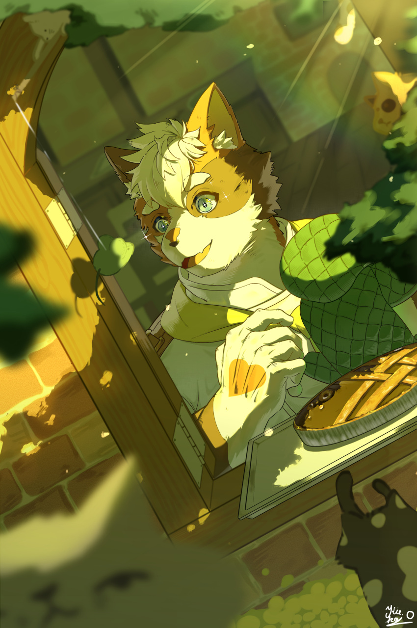 absurdres brick_wall calico cat cat_boy chef cottage crave_saga food furry furry_male highres kitchen male_focus md5_mismatch oven_mitts pie toy_mouse