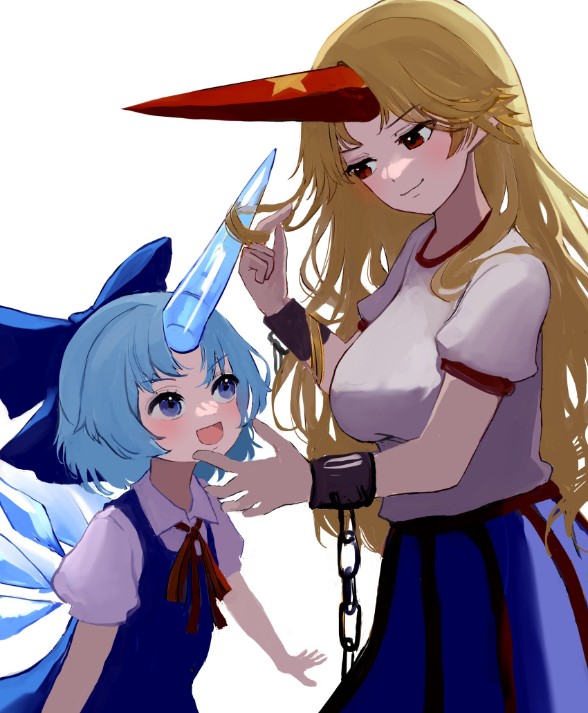 2girls :d absurdres blonde_hair blue_dress blue_eyes blue_hair blue_skirt breasts cirno closed_mouth collared_shirt cuffs dress fairy highres horns hoshiguma_yuugi ice ice_horns ice_wings large_breasts long_hair looking_at_another mikan_(manmarumikan) multiple_girls neck_ribbon oni open_mouth pinafore_dress puffy_short_sleeves puffy_sleeves red_eyes red_horns red_ribbon ribbon shackles shirt short_hair short_sleeves simple_background single_horn skirt smile star_(symbol) touhou white_background white_shirt wings