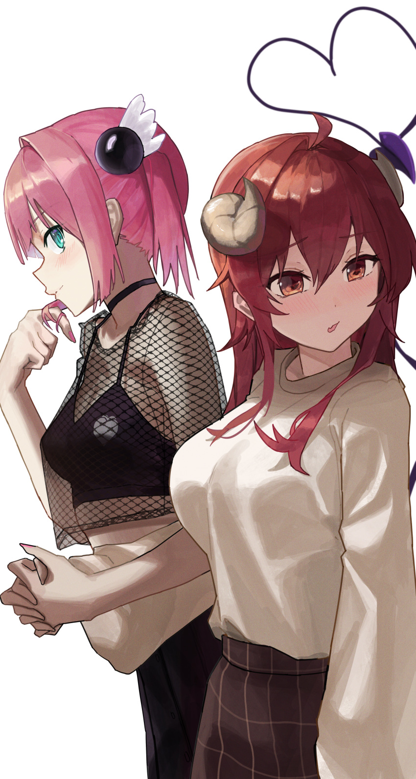 2girls absurdres ahoge aqua_eyes blush breasts brown_eyes brown_hair chiyoda_momo closed_mouth commentary couple cowboy_shot curled_horns demon_girl demon_horns demon_tail dinsoreprong64 embarrassed fishnet_top fishnets hair_between_eyes half_updo heart heart_tail highres holding_hands horns interlocked_fingers large_breasts long_sleeves looking_at_another looking_to_the_side machikado_mazoku multiple_girls nose open_mouth pink_hair playing_with_own_hair shirt short_hair sidelocks sideways_glance simple_background small_breasts smile standing tail twintails white_background white_shirt yoshida_yuuko_(machikado_mazoku) yuri