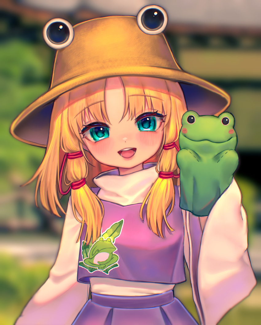 1girl absurdres animal_print aqua_eyes blonde_hair blush brown_headwear frog_print hair_ribbon hand_puppet hat highres long_sleeves looking_at_viewer medium_hair moriya_suwako open_mouth puppet purple_skirt purple_vest qiu_ju red_ribbon ribbon shirt skirt smile solo touhou tress_ribbon vest white_shirt wide_sleeves