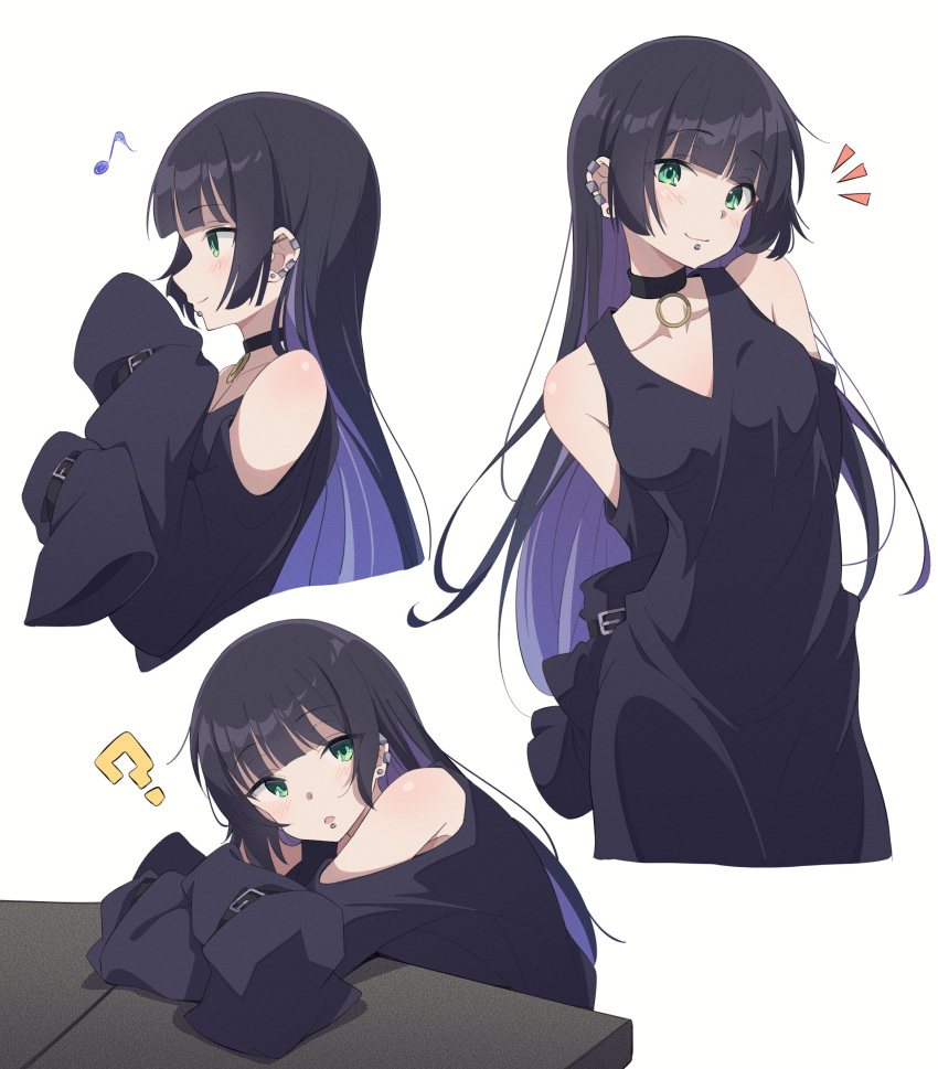 1girl ? absurdres arm_rest black_choker black_dress black_hair blunt_bangs bocchi_the_rock! chin_piercing choker clothing_cutout colored_inner_hair dress ear_piercing earclip eito12 from_side gothic green_eyes hand_on_table highres hime_cut long_dress long_hair long_sleeves looking_at_viewer multicolored_hair multiple_views musical_note notice_lines pa-san piercing purple_hair shoulder_cutout simple_background sleeves_past_fingers sleeves_past_wrists smile solo two-tone white_background