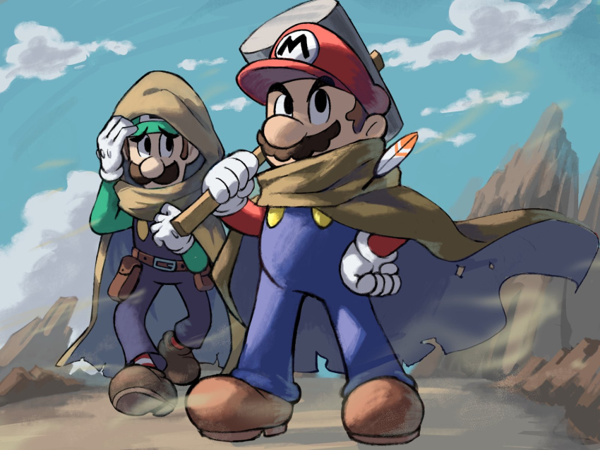 2boys belt blue_overalls blue_sky boots brothers brown_cape brown_footwear brown_hair cape clouds facial_hair gloves green_headwear green_shirt hammer hand_on_hip highres holding holding_hammer holding_weapon hood hood_up luigi mario mario_&amp;_luigi_rpg masanori_sato_(style) mountain multiple_boys mustache outdoors over_shoulder overalls red_headwear red_shirt rock shirt short_hair siblings sky super_mario_bros. twins weapon weapon_over_shoulder white_gloves ya_mari_6363