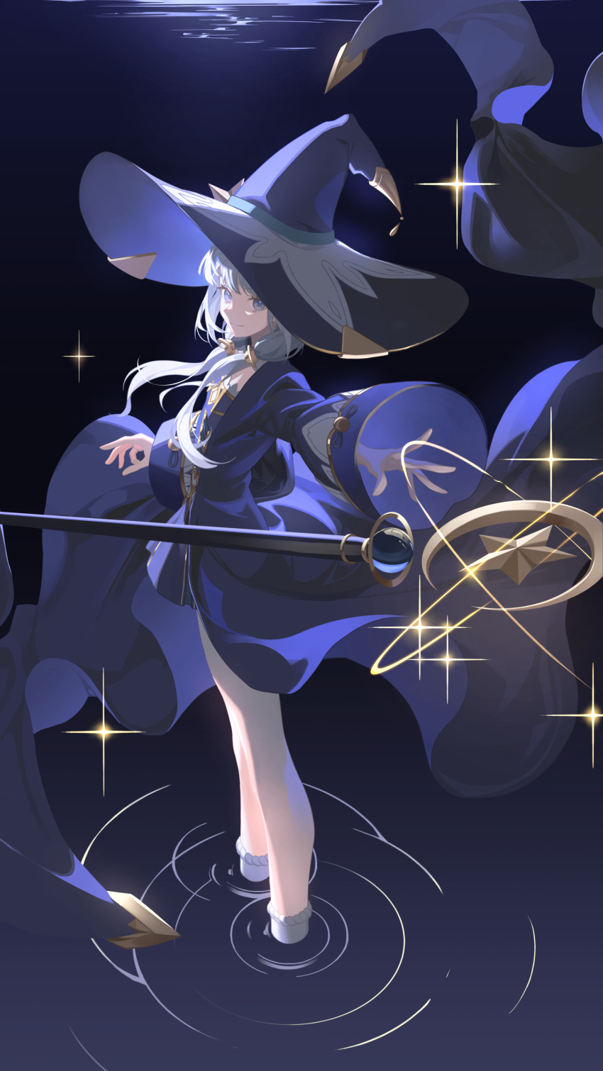 1girl absurdres blue_eyes flat_chest hat highres long_hair looking_at_viewer low_twintails mage_staff magic original ripples robe smile soaking_feet staff standing tsuki-shigure twintails water white_hair witch_hat