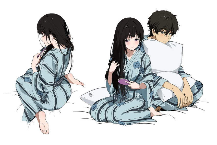 1boy 1girl artist_logo bath_yukata black_hair blush brown_hair brushing_hair chitanda_eru feet green_eyes highres hyouka japanese_clothes kimono long_hair looking_at_viewer mery_(yangmalgage) obi oreki_houtarou pillow sash short_hair simple_background sitting smile violet_eyes white_background yukata