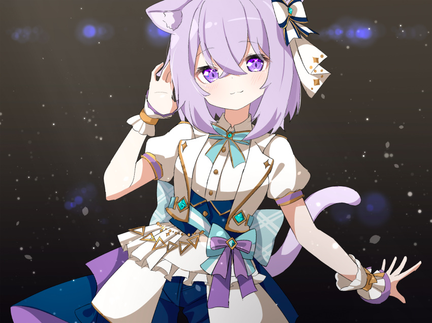 1girl :3 ame. animal_ear_fluff animal_ears blue_shorts blush bow cat_ears cat_girl cat_tail closed_mouth commentary_request cropped_jacket hair_between_eyes hair_bow hand_up highres hololive jacket looking_at_viewer nekomata_okayu open_clothes open_jacket puffy_short_sleeves puffy_sleeves purple_hair shirt short_sleeves shorts smile solo tail violet_eyes virtual_youtuber white_bow white_jacket white_shirt wrist_cuffs