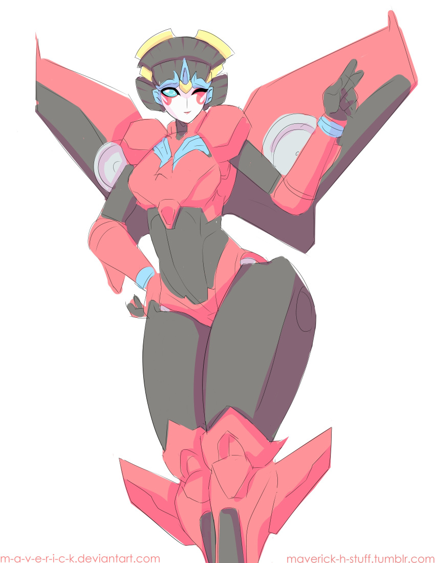 1girl absurdres alien blue_eyes breasts colored_skin hand_on_hip highres humanoid_robot looking_at_viewer m-a-v-e-r-i-c-k medium_breasts one_eye_closed panties red_panties robot simple_background solo thick_thighs thighs transformers underwear white_background windblade wings