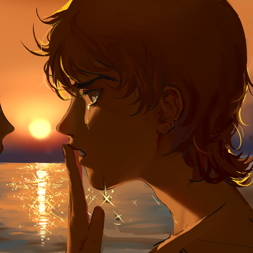 1boy 1other ashva backlighting bare_shoulders blonde_hair crying crying_with_eyes_open dio_brando ear_birthmark finger_to_mouth hands_on_another's_face highres jojo_no_kimyou_na_bouken light_reflection_(water) male_focus ocean parted_lips short_hair shushing sun sunset tears