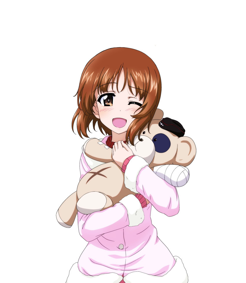 1girl blush boko_(girls_und_panzer) brown_eyes brown_hair girls_und_panzer highres key_(gaigaigai123) looking_at_viewer nishizumi_miho one_eye_closed open_mouth short_hair simple_background smile solo stuffed_toy white_background
