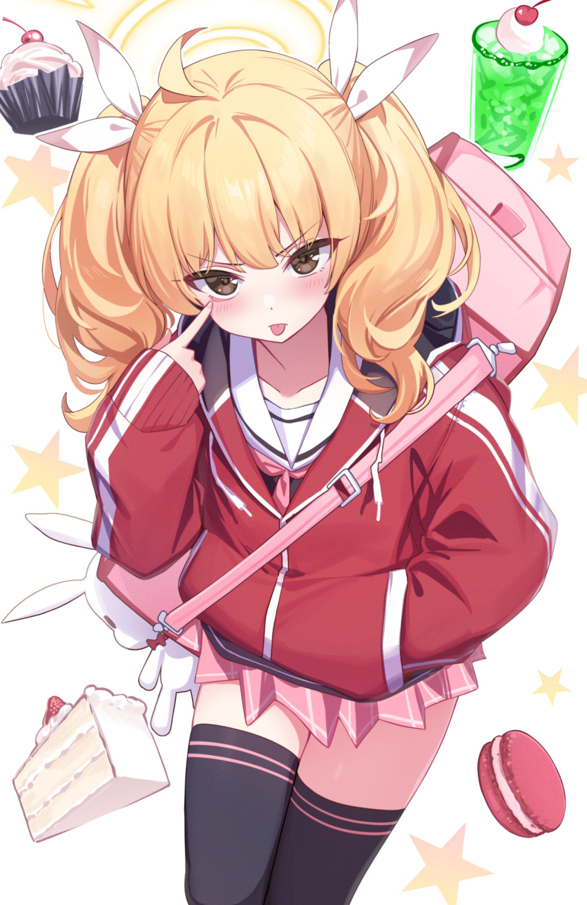 1girl ahoge akanbe bag black_thighhighs blonde_hair blue_archive blush brown_eyes cake cake_slice cherry commentary_request cupcake deadnooodles food fruit hair_ribbon halo hand_in_pocket highres jacket long_hair long_sleeves looking_at_viewer macaron pink_skirt pleated_skirt puffy_long_sleeves puffy_sleeves red_jacket ribbon sailor_collar simple_background skirt sleeves_past_wrists solo starry_background thigh-highs tongue tongue_out track_jacket twintails v-shaped_eyebrows white_background white_ribbon white_sailor_collar yoshimi_(blue_archive)