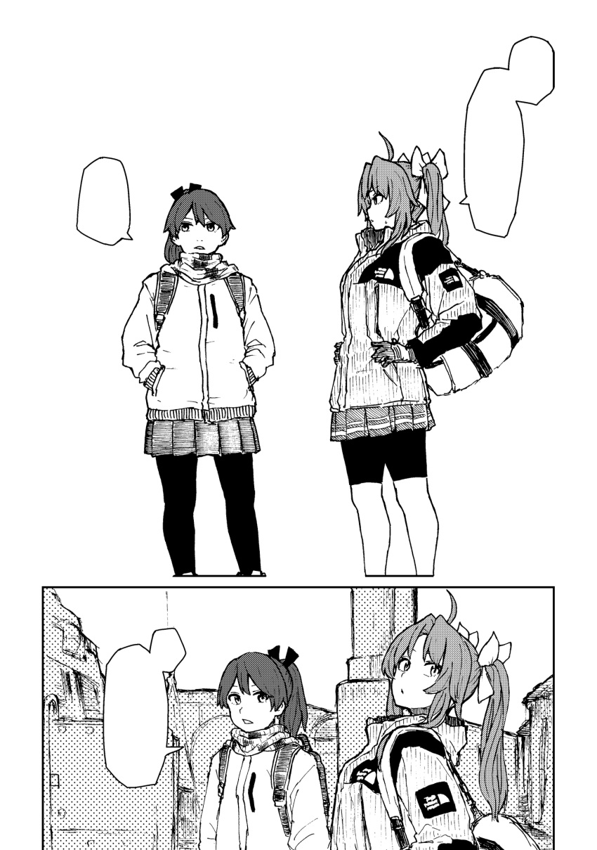 ahoge backpack bag greyscale hair_ribbon highres honsl kagerou_(kancolle) kantai_collection long_hair monochrome pantyhose pleated_skirt ponytail ribbon shikinami_(kancolle) shorts shoulder_bag skirt speech_bubble two_side_up very_long_hair