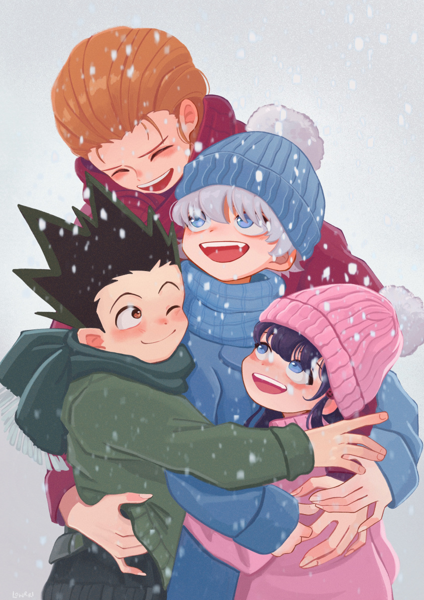 2boys 2girls absurdres alluka_zoldyck black_hair blue_eyes brown_eyes brown_hair coat cold gon_freecss green_hair highres hug hunter_x_hunter killua_zoldyck looking_at_another lowrri mito_freecss mittens multiple_boys multiple_girls one_eye_closed outdoors scarf snow snowflakes snowing white_hair winter winter_clothes winter_coat