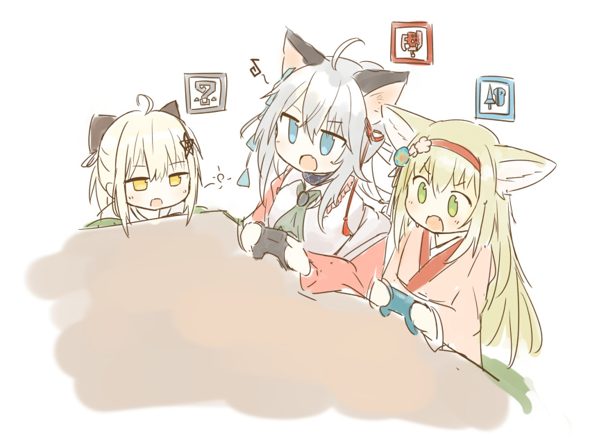3girls ahoge arknights blonde_hair blue_eyes blush commentary_request controller fang game_controller green_eyes grey_hair hair_between_eyes hairband highres holding japanese_clothes kimono kotatsu long_hair long_sleeves mint_(arknights) mint_(tsukiyoi)_(arknights) moon_sugar multiple_girls open_mouth pink_kimono playing_games red_hairband scene_(arknights) scene_(betsushi)_(arknights) shirt sidelocks simple_background sketch suzuran_(arknights) suzuran_(yukibare)_(arknights) table v-shaped_eyebrows very_long_hair white_background white_kimono white_shirt yellow_eyes