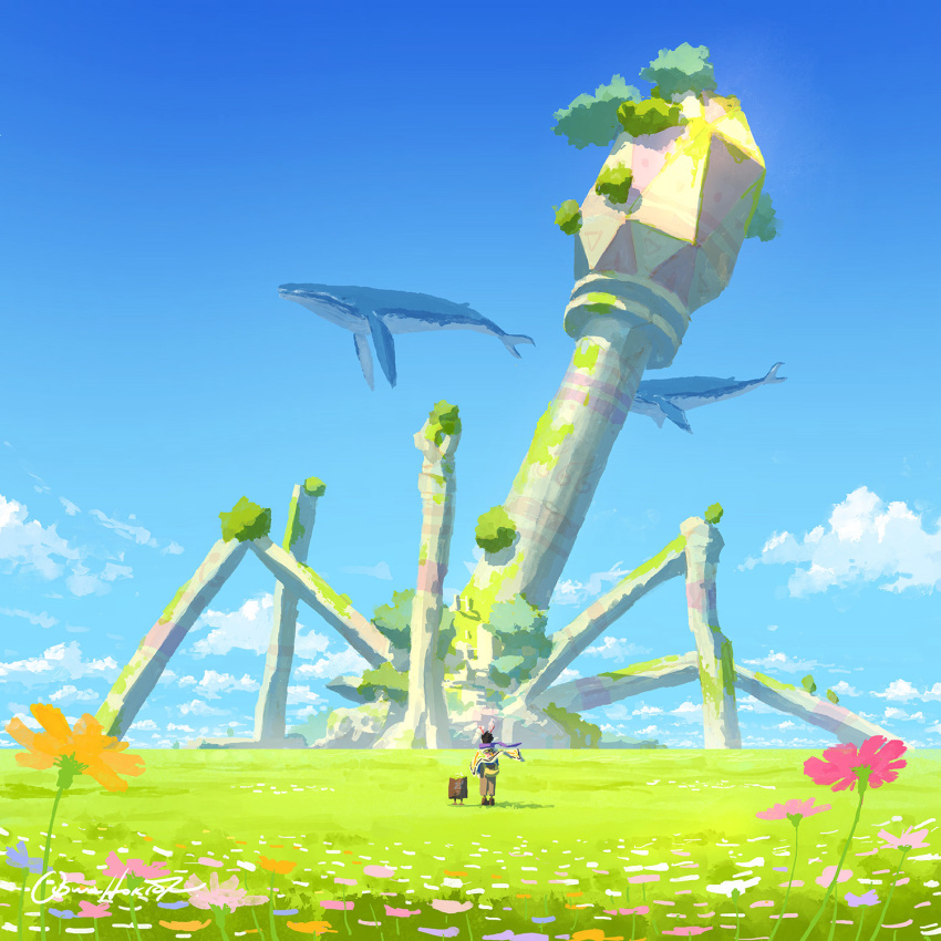 bacteriophage_(virus) blue_flower blue_sky brown_footwear brown_pants clouds commentary day facing_away flower flying_whale from_behind grass highres katou_oswaldo looking_at_object orange_flower original outdoors pants pink_flower purple_flower scenery signature sky virus whale