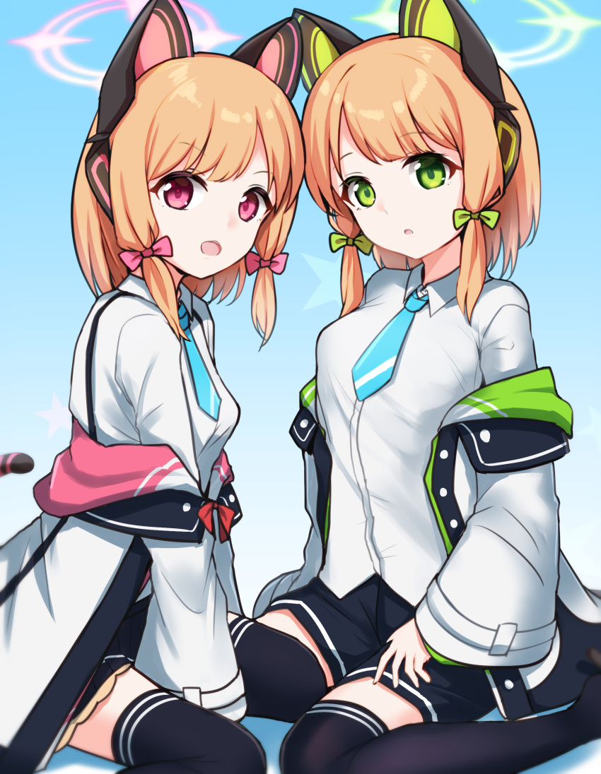 2girls absurdres animal_ear_headphones animal_ears black_shorts black_skirt black_thighhighs blonde_hair blue_archive blue_background blue_necktie bow breasts collared_shirt commentary_request dress_shirt fake_animal_ears feet_out_of_frame gradient_background green_bow green_eyes hair_bow halo headphones highres jacket long_hair long_sleeves looking_at_viewer midori_(blue_archive) momoi_(blue_archive) multiple_girls necktie off_shoulder open_clothes open_jacket open_mouth parted_lips pink_bow pleated_skirt red_eyes rumiya9i shirt shorts sidelocks skirt small_breasts thigh-highs white_jacket white_shirt wide_sleeves