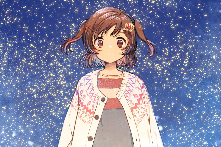 1girl aijou_karen arms_at_sides brown_eyes brown_hair buttons cardigan closed_mouth crown_hair_ornament hair_ornament hairclip highres light_blush long_sleeves looking_at_viewer night night_sky nori_(cheiwbciwkxbdjr) open_cardigan open_clothes outdoors red_shirt shirt short_hair shoujo_kageki_revue_starlight sky solo standing star_(sky) starry_sky striped striped_shirt swept_bangs two_side_up upper_body white_cardigan white_shirt