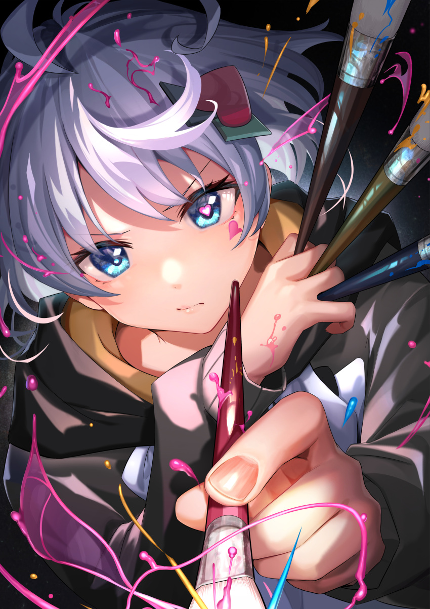 1girl absurdres ahoge blue_eyes closed_mouth grey_hair hair_ornament heart heart-shaped_pupils heart_on_cheek highres holding holding_paintbrush looking_at_viewer maeshimashi original paint paintbrush short_hair solo symbol-shaped_pupils