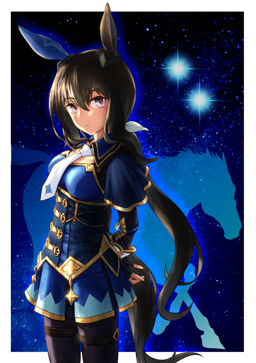 1girl absurdres admire_vega_(umamusume) animal_ears arms_behind_back black_pantyhose blue_capelet bodice bow bowtie brown_hair capelet cheesecake_(artist) commentary cowboy_shot creature_and_personification ear_covers ear_ornament gold_trim hair_between_eyes hair_bow highres horse horse_ears horse_girl horse_tail long_hair looking_at_viewer low_ponytail name_connection object_namesake outline outside_border pantyhose sidelocks silhouette single_ear_cover star_(sky) starry_background tail thigh_strap umamusume vega_(star) very_long_hair violet_eyes white_bow white_bowtie