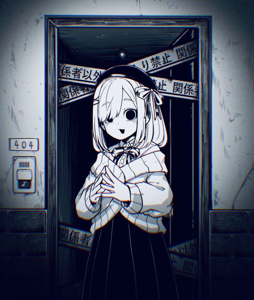 1girl :3 asymmetrical_bangs bags_under_eyes beret black_eyes blurry bow brick_wall brooch cardigan caution_tape chromatic_aberration collared_shirt cowboy_shot dark door doorbell empty_eyes greyscale hair_bow hair_ornament hat hatching_(texture) hatyuuruinohito high-waist_skirt highres horror_(theme) jewelry long_sleeves looking_at_viewer medium_hair monochrome nijisanji open_mouth own_hands_together pleated_skirt raised_eyebrows shirt skirt smile solid_circle_pupils solo standing suzuhara_lulu virtual_youtuber x_hair_ornament