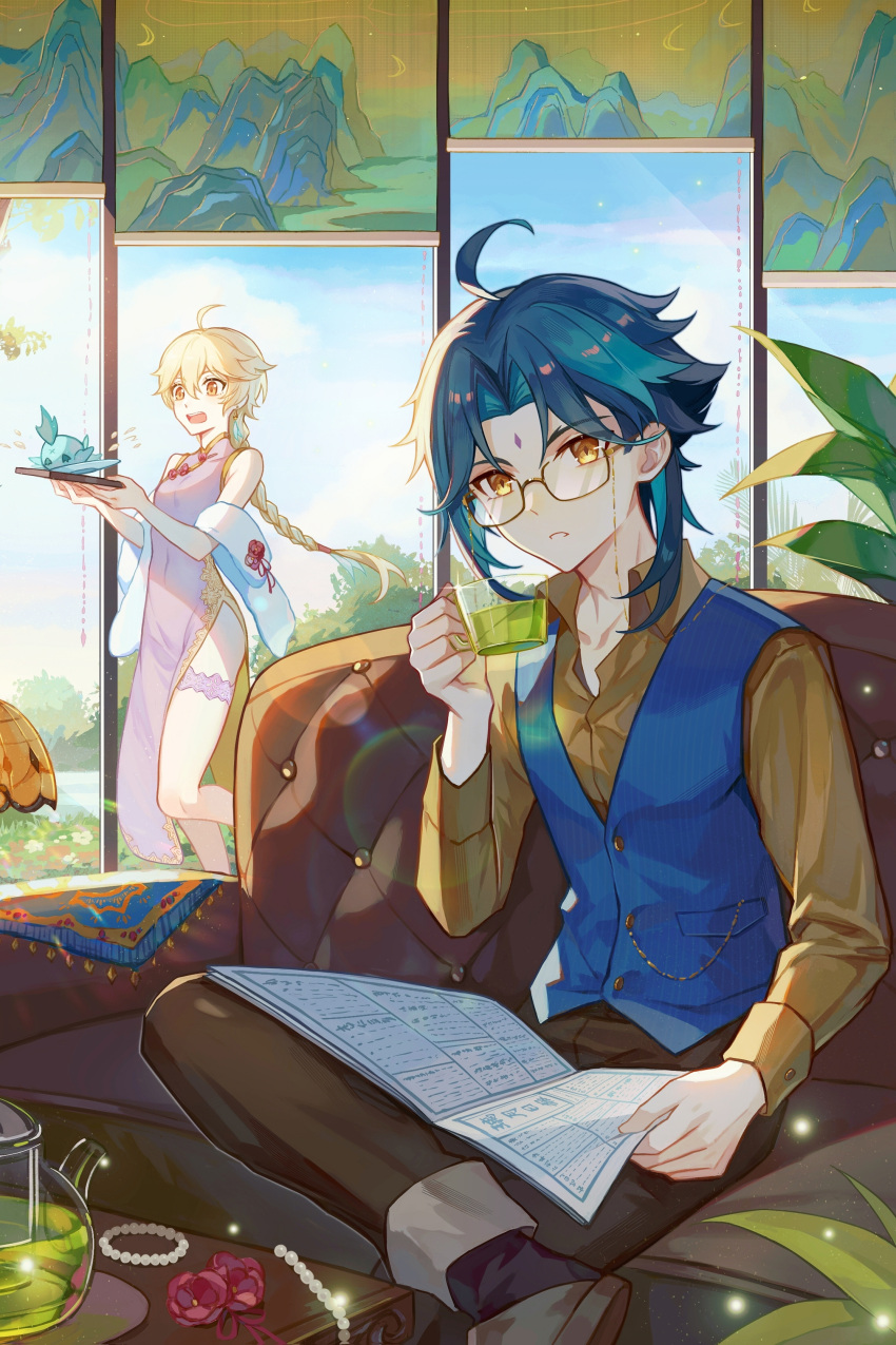 2boys absurdres aether_(genshin_impact) ahoge alternate_costume bishounen blonde_hair bracelet braid china_dress chinese_clothes collared_shirt couch crossdressing cup dress eyewear_strap facial_mark forehead_mark gem genshin_impact glasses glint highres holding holding_cup holding_magazine indoors jewelry light_particles looking_at_viewer magazine_(object) male_focus multicolored_hair multiple_boys on_couch pearl_(gemstone) pearl_bracelet pink_dress shirt single_braid sparkle xiao_(genshin_impact) yellow_eyes zhongzhijidi11046