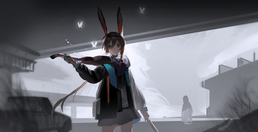 1girl absurdres amiya_(arknights) animal_ears arknights ascot black_skirt blue_ascot blue_collar blue_eyes brown_hair collar cowboy_shot highres holding holding_bow_(music) holding_instrument indoors instrument long_hair olys ponytail rabbit_ears shirt sketch skirt solo very_long_hair violin white_shirt