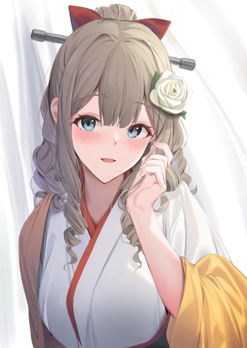 1girl absurdres blue_eyes blush bow flower furisode hair_bow hair_flower hair_ornament hatakaze_(kancolle) headgear highres japanese_clothes kantai_collection kimono kokenashi light_brown_hair medium_hair open_mouth red_bow sidelocks smile solo upper_body white_flower white_kimono