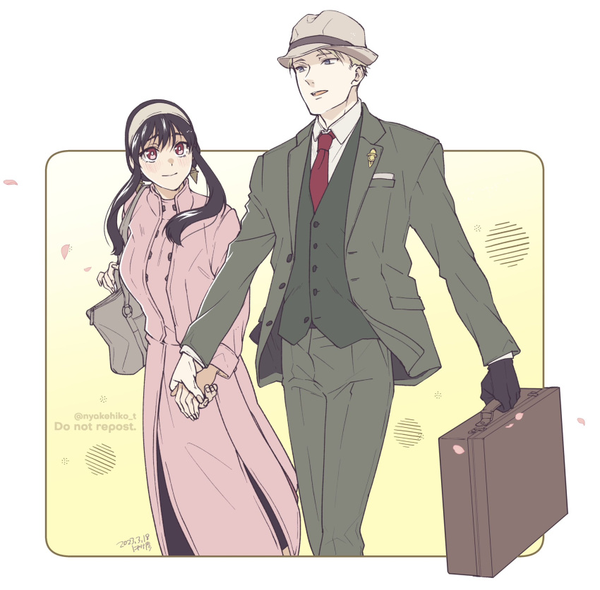 1boy 1girl bag black_hair blonde_hair blue_eyes blush breasts briefcase closed_mouth coat collared_shirt couple earrings gloves gold_earrings green_jacket green_pants hairband hat height_difference hetero highres holding holding_briefcase holding_hands husband_and_wife jacket jewelry long_hair long_sleeves looking_at_viewer medium_breasts necktie open_mouth pants petals pink_coat red_eyes red_necktie shirt shoulder_bag sidelocks single_glove spy_x_family takehide twilight_(spy_x_family) twitter_username walking yor_briar