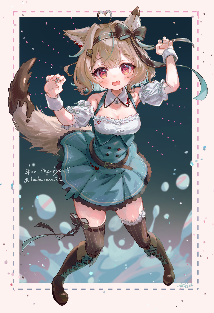 1girl absurdres animal_ear_fluff animal_ears blush breasts colored_inner_hair copyright_request hair_ornament highres looking_at_viewer multicolored_hair open_mouth solo syukonbu tagme tail thigh-highs virtual_youtuber