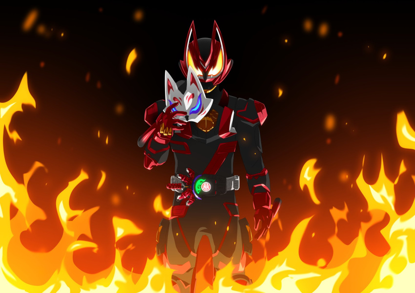 1boy armor black_armor black_bodysuit bodysuit boost_mark_ii_buckle commentary cowboy_shot desire_driver fire flame_print fox fox_boy fox_mask gloves glowing glowing_eyes green_fire highres hitodama holding holding_mask kamen_rider kamen_rider_geats kamen_rider_geats_(series) kamen_rider_geats_boost_mark_ii kitsune male_focus mask mouth_guard orange_eyes otokamu power_armor raise_buckle red_gloves shoulder_armor solo tail thighs