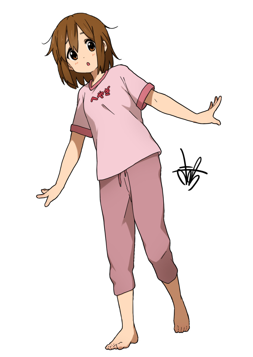 1girl :o barefoot brown_eyes commentary_request full_body highres hirasawa_yui k-on! kicchi_(tmgk) looking_at_viewer messy_hair pants parted_lips pink_pants pink_shirt shirt short_hair short_sleeves signature simple_background solo standing t-shirt white_background