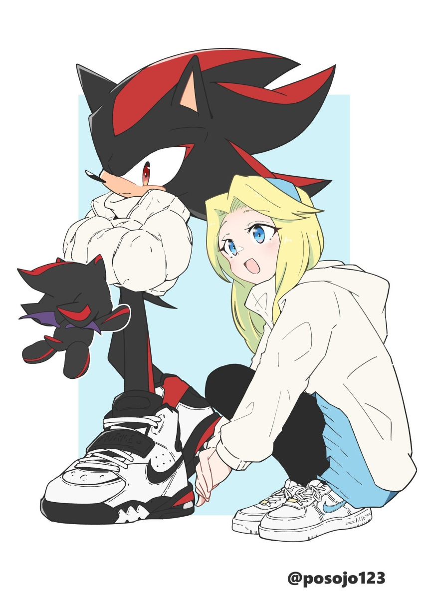 1boy 1girl 1other animal_ears animal_nose artist_name back bat_wings black_fur black_pantyhose blonde_hair blue_background blue_eyes blue_hairband blue_skirt border chao_(sonic) closed_mouth coat eyelashes flying furry furry_male hairband hand_up hands_in_pockets hedgehog hedgehog_ears hedgehog_tail highres hood hoodie long_hair long_sleeves looking_at_another maria_robotnik nike open_mouth outside_border pantyhose pocket posojo123 puffy_long_sleeves puffy_sleeves red_eyes red_fur shadow_the_hedgehog shoes simple_background sitting skirt smile sneakers sonic_(series) standing tail tongue two-tone_fur white_border white_coat white_footwear white_hoodie wings