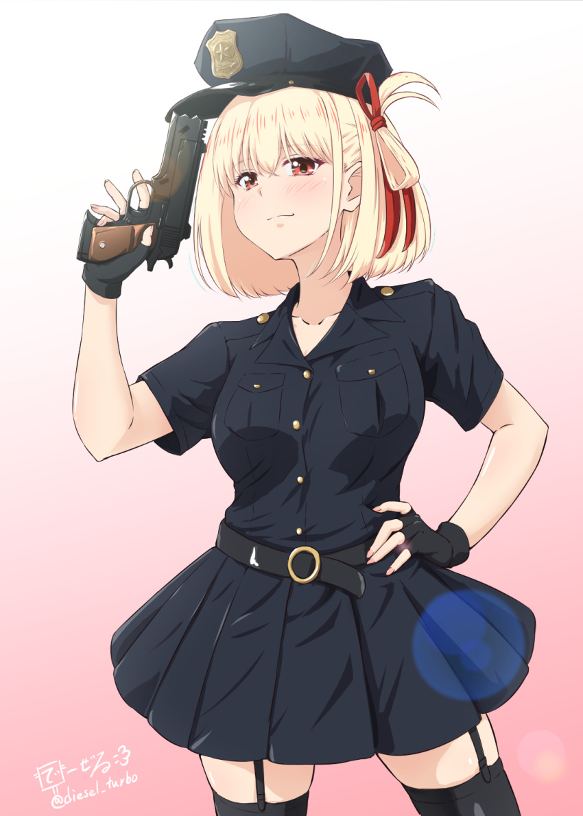 1girl alternate_costume belt black_gloves black_headwear black_shirt black_skirt black_thighhighs blonde_hair bob_cut breast_pocket commentary_request contrapposto diesel-turbo fingerless_gloves garter_straps gloves gun hair_ribbon handgun hat highres lycoris_recoil nishikigi_chisato peaked_cap pleated_skirt pocket police police_uniform policewoman red_eyes red_ribbon ribbon shirt short_hair skirt solo standing thigh-highs uniform weapon weapon_request