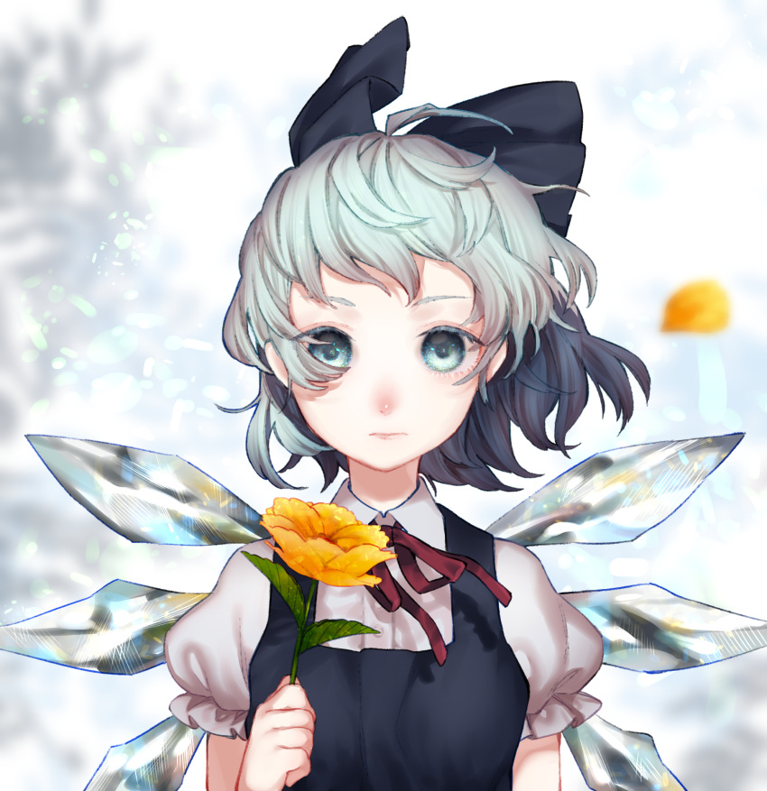 1girl blue_bow blue_dress blue_eyes blue_hair blurry blurry_background bow breasts buttons cirno closed_mouth collared_shirt dress flower frilled_sleeves frills hair_bow highres holding holding_flower ice ice_wings looking_at_viewer neck_ribbon pinafore_dress puffy_short_sleeves puffy_sleeves red_ribbon ribbon shirt short_hair short_sleeves simple_background small_breasts solo touhou upper_body white_shirt wings yellow_flower zunsun