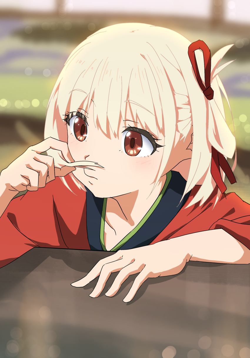 1boy absurdres blonde_hair blurry blurry_background closed_mouth commentary depth_of_field hair_between_eyes hair_ribbon hand_on_table highres japanese_clothes kimono light_blush looking_to_the_side lycoris_recoil nishikigi_chisato oekakiism one_side_up playing_with_own_hair red_eyes red_kimono red_ribbon ribbon short_hair sidelocks solo