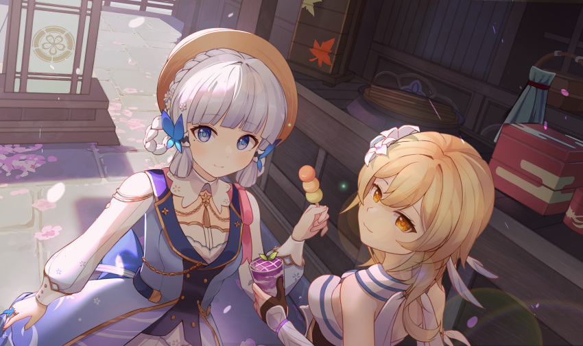 2girls architecture arm_guards blonde_hair blue_eyes blunt_bangs blurry braid commentary_request cup dango depth_of_field detached_sleeves east_asian_architecture feather_hair_ornament feathers fingerless_gloves flower food from_above genshin_impact gleam_lin_shi gloves hair_between_eyes hair_flower hair_ornament highres holding holding_cup holding_skewer juliet_sleeves kamisato_ayaka kamisato_ayaka_(springbloom_missive) long_hair long_sleeves looking_at_viewer looking_up lumine_(genshin_impact) mole mole_under_eye multiple_girls official_alternate_costume parfait puffy_sleeves sanshoku_dango short_hair short_hair_with_long_locks skewer smile twin_braids wagashi white_hair yellow_eyes