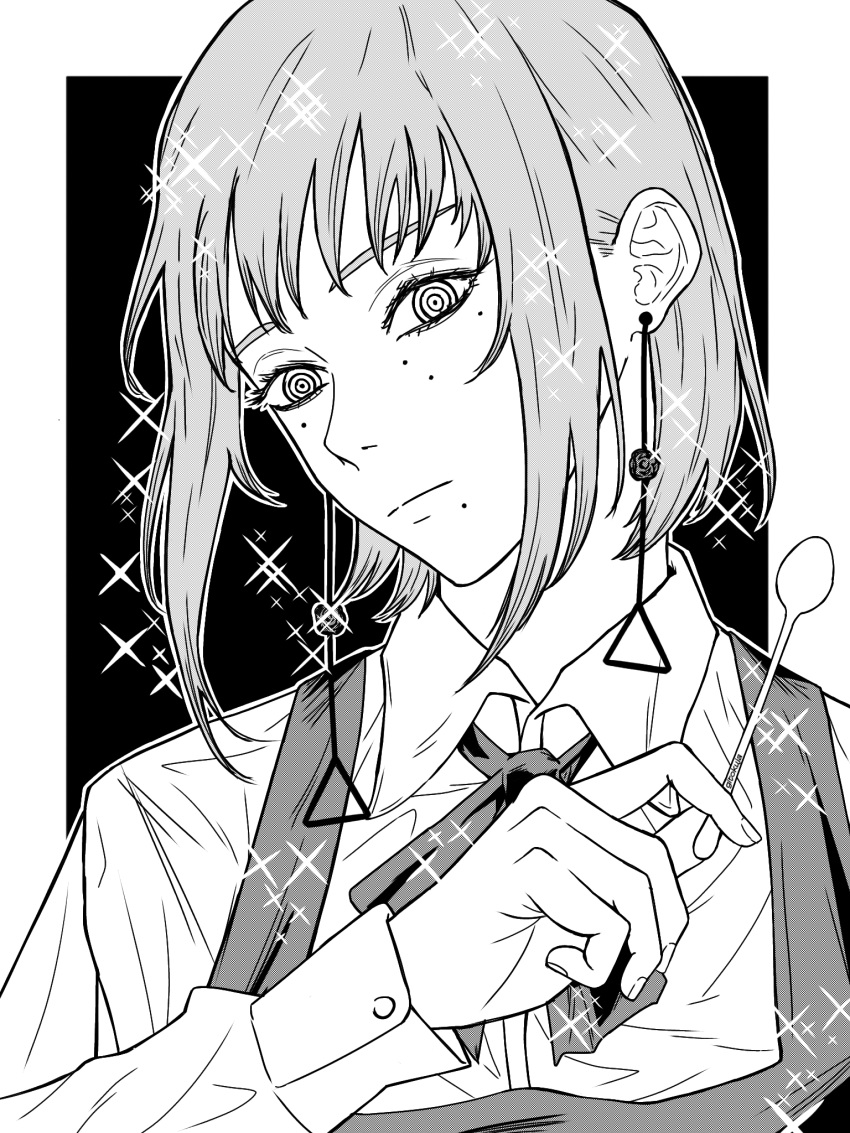 1girl chainsaw_man demon_girl earrings expressionless fami_(chainsaw_man) fourth_east_high_school_uniform gitokuja greyscale highres holding holding_spoon jewelry looking_at_viewer mole mole_under_eye mole_under_mouth monochrome multiple_moles ringed_eyes school_uniform short_hair simple_background sparkle spoon