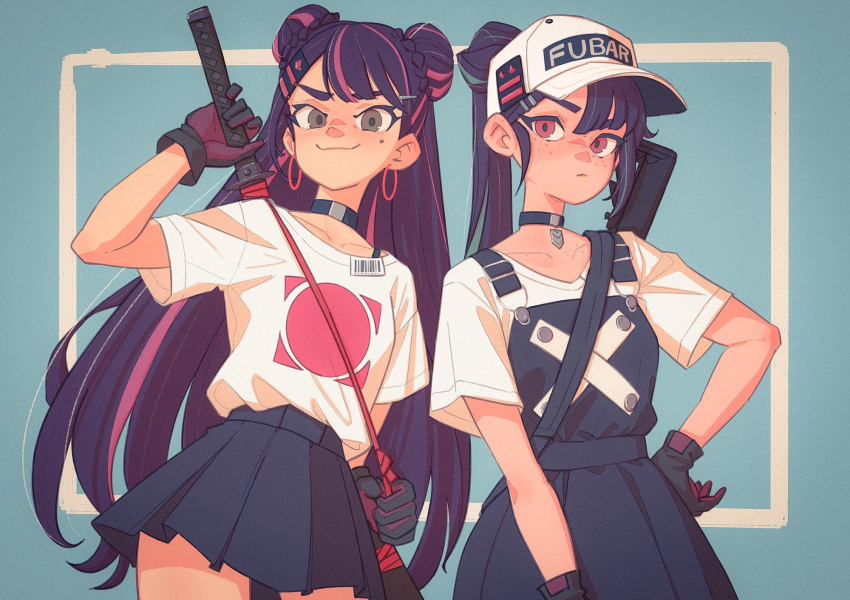 2girls barcode baseball_cap black_gloves black_hair black_skirt blue_background border brown_eyes choker collarbone cowboy_shot double_bun e503com earrings gloves hair_bun hand_on_hip hat high_ponytail highres holding holding_sword holding_weapon holster hoop_earrings jewelry long_hair looking_at_viewer mole mole_under_eye multiple_girls original pleated_skirt ponytail red_eyes sheath sheathed shirt sidelocks simple_background skirt smile sword thick_eyebrows twintails weapon white_border white_shirt