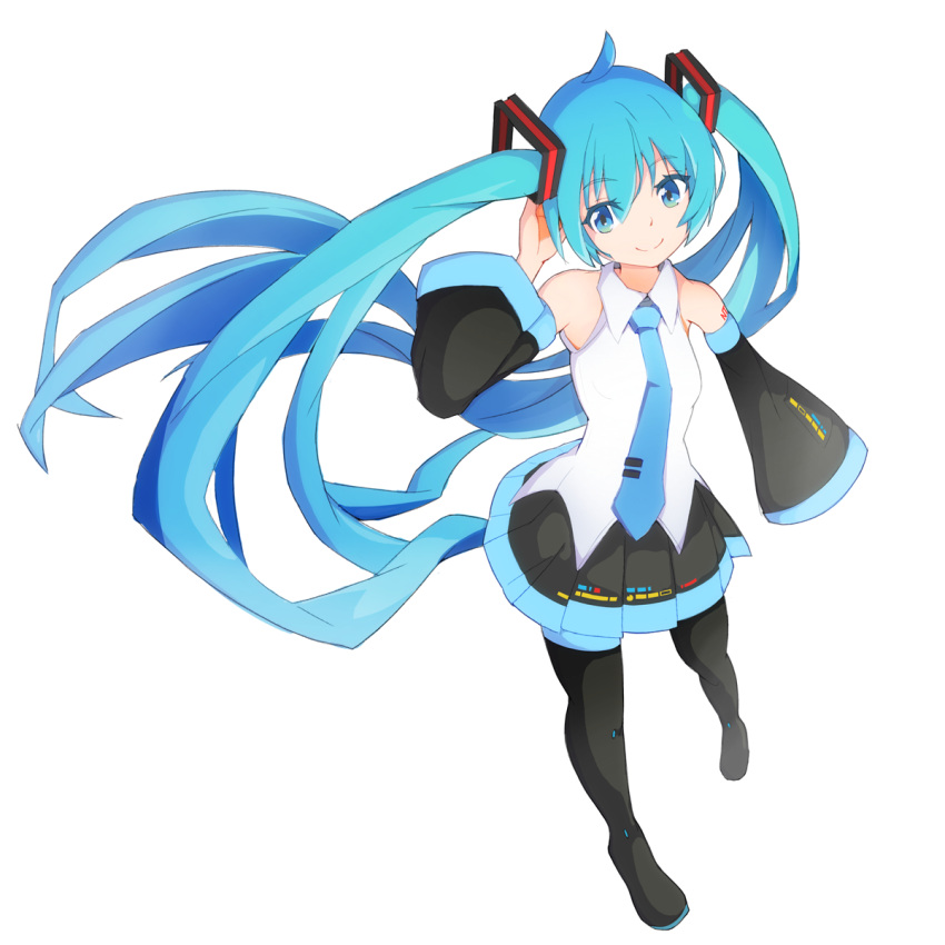 1girl bare_shoulders black_footwear black_skirt black_sleeves blue_eyes blue_hair blue_necktie boots closed_mouth collared_shirt commentary_request detached_sleeves full_body hair_between_eyes hatsune_miku highres long_hair long_sleeves looking_at_viewer mamagogo_(gomaep) necktie pleated_skirt shirt simple_background skirt sleeveless sleeveless_shirt smile solo standing thigh_boots tie_clip twintails very_long_hair vocaloid white_background white_shirt wide_sleeves