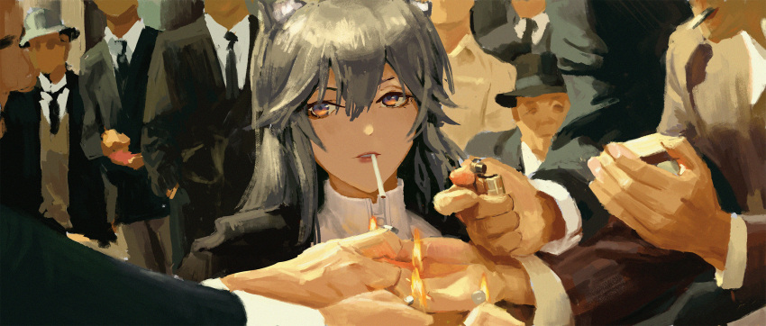 1girl 6+boys arknights black_hair black_jacket black_necktie brown_eyes brown_vest cigarette commentary_request grey_headwear hair_between_eyes hat highres holding jacket lighter lingear long_hair mouth_hold multiple_boys necktie parted_lips shirt texas_(arknights) vest white_shirt