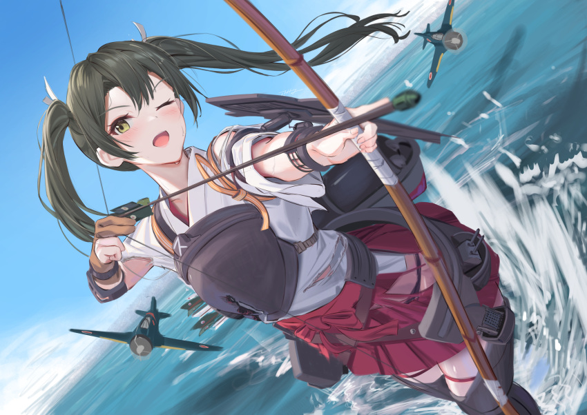 1girl aircraft arrow_(projectile) bow_(weapon) brown_gloves day gloves green_eyes green_hair hair_ribbon hakama hakama_skirt highres holding holding_bow_(weapon) holding_weapon japanese_clothes kantai_collection kokenashi long_hair muneate ocean one_eye_closed open_mouth partially_fingerless_gloves red_hakama ribbon skirt solo tasuki twintails weapon white_ribbon yugake zuikaku_(kancolle) zuikaku_kai_ni_(kancolle)