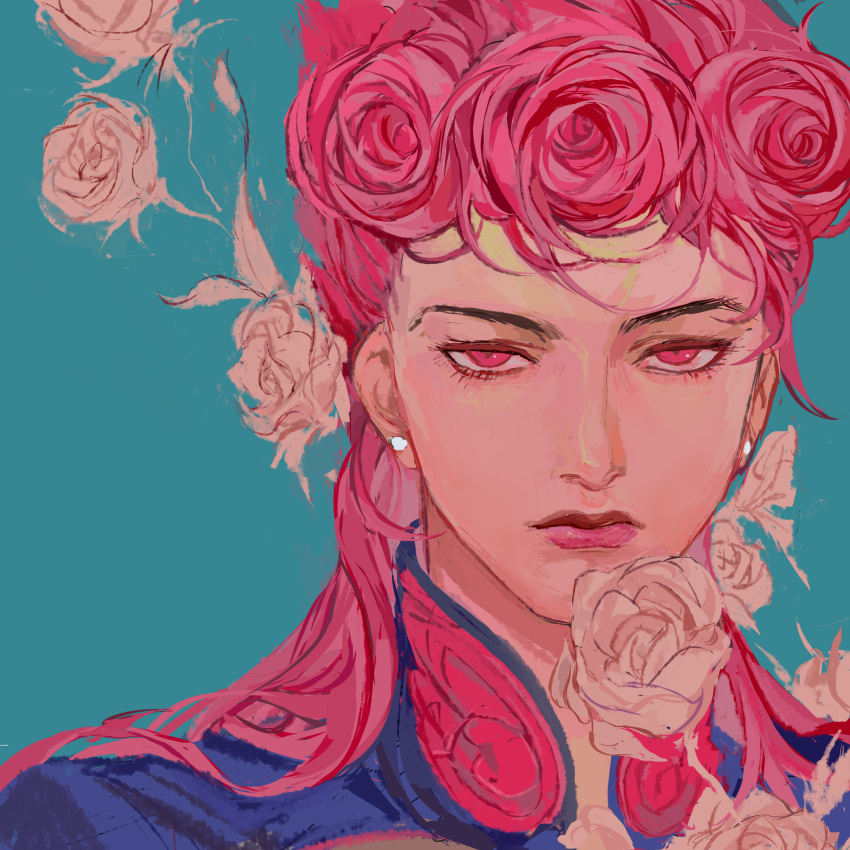 1boy alternate_color androgynous ashva earrings flower giorno_giovanna highres jewelry jojo_no_kimyou_na_bouken long_hair male_focus pink_eyes pink_hair pink_lips rose simple_background upper_body