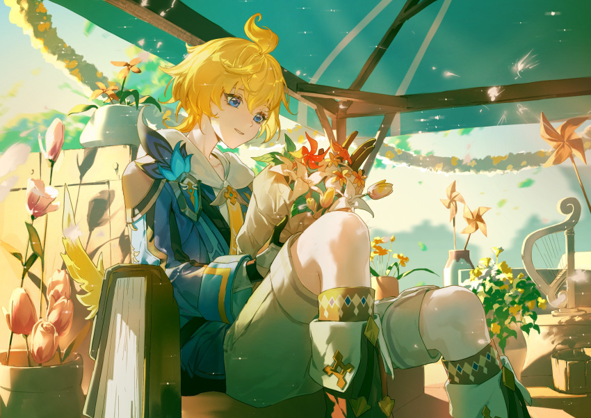 1boy absurdres ahoge blonde_hair blue_eyes blue_jacket boots chinese_commentary commentary_request flower genshin_impact gloves hair_between_eyes highres hood hoodie jacket male_focus mika_(genshin_impact) open_mouth pinwheel red_flower shorts sitting solo tulip w817817 white_hoodie white_shorts