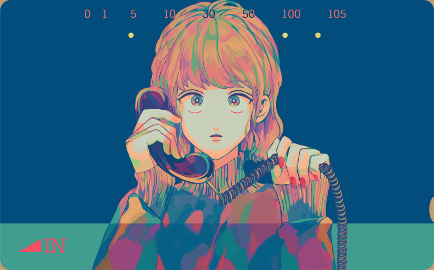1girl brown_hair colorful corded_phone hair_behind_ear hands_up holding holding_phone nail_polish original parted_lips phone red_nails sharp911 short_hair solo straight-on sweater turtleneck turtleneck_sweater wide-eyed