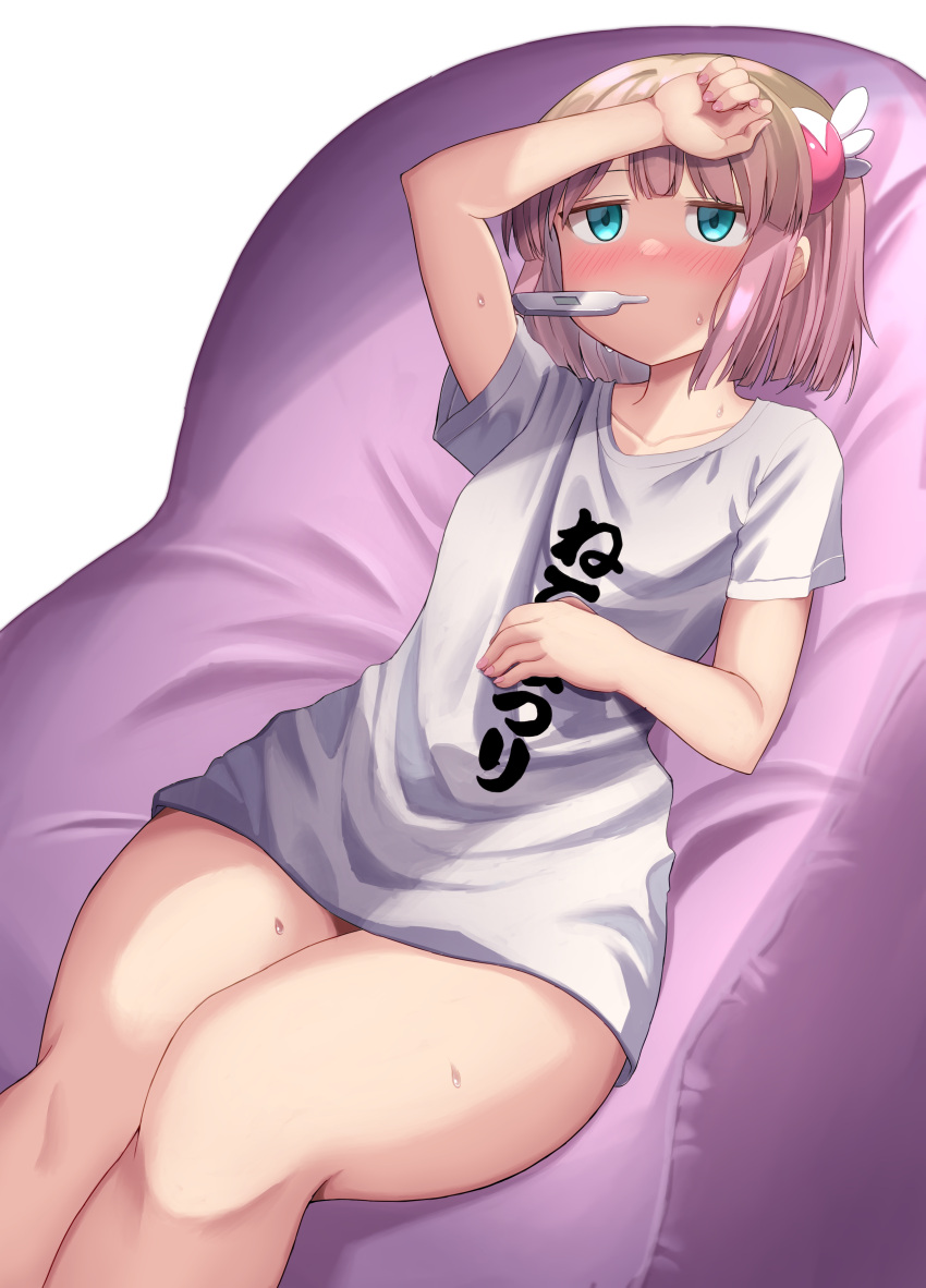 1girl absurdres aqua_eyes arm_up blunt_bangs breasts chiyoda_momo collarbone couch curvy eyebrows_hidden_by_hair fingernails hair_ornament hand_on_own_stomach highres kajitsu_no_hito legs_together lying machikado_mazoku on_back on_couch pink_hair shirt short_hair short_sleeves sick simple_background small_breasts solo sweat thermometer thighs white_background white_shirt