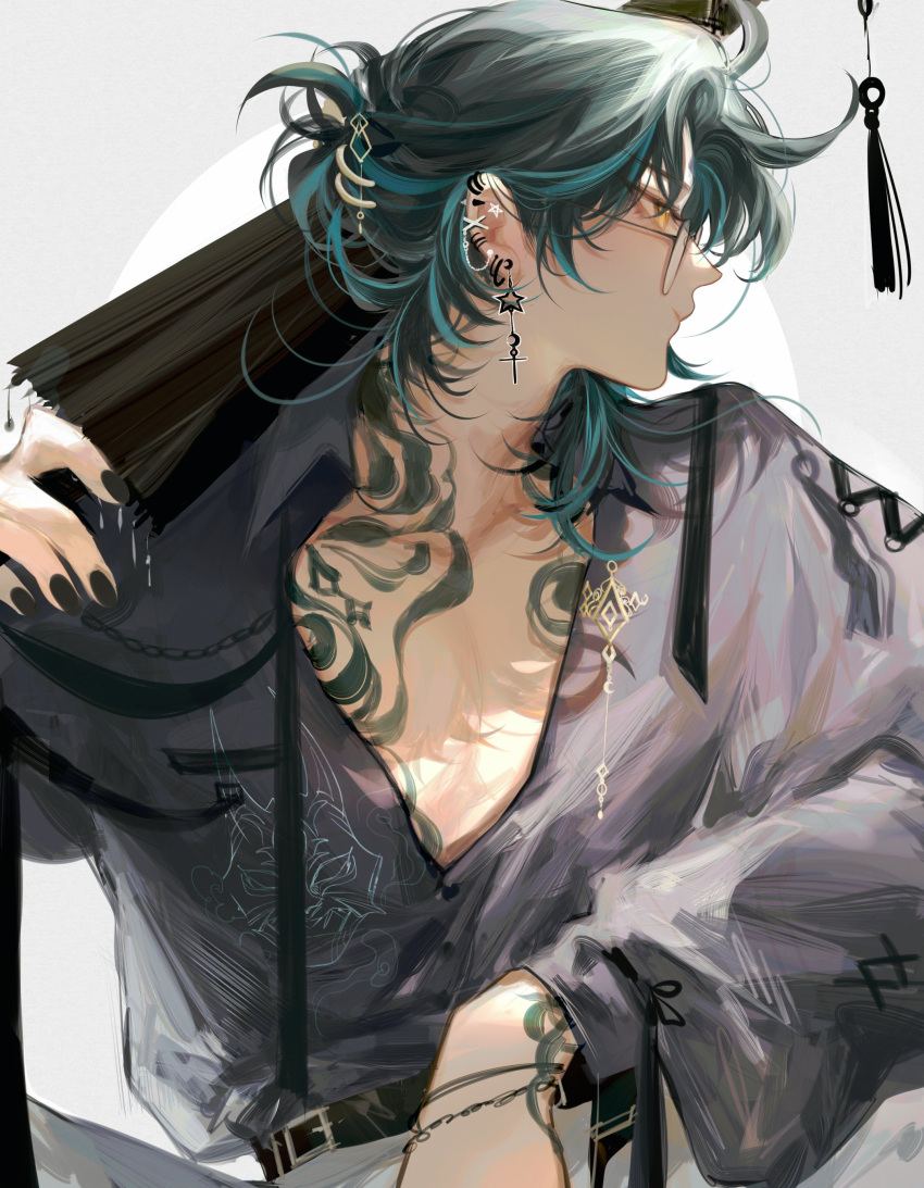 1boy absurdres alternate_costume alternate_hairstyle belt black_hair black_nails chest_tattoo earrings genshin_impact green_hair highres holding holding_umbrella jewelry male_focus multicolored_hair profile solo tassel tattoo umbrella upper_body xiao_(genshin_impact) yionyi23
